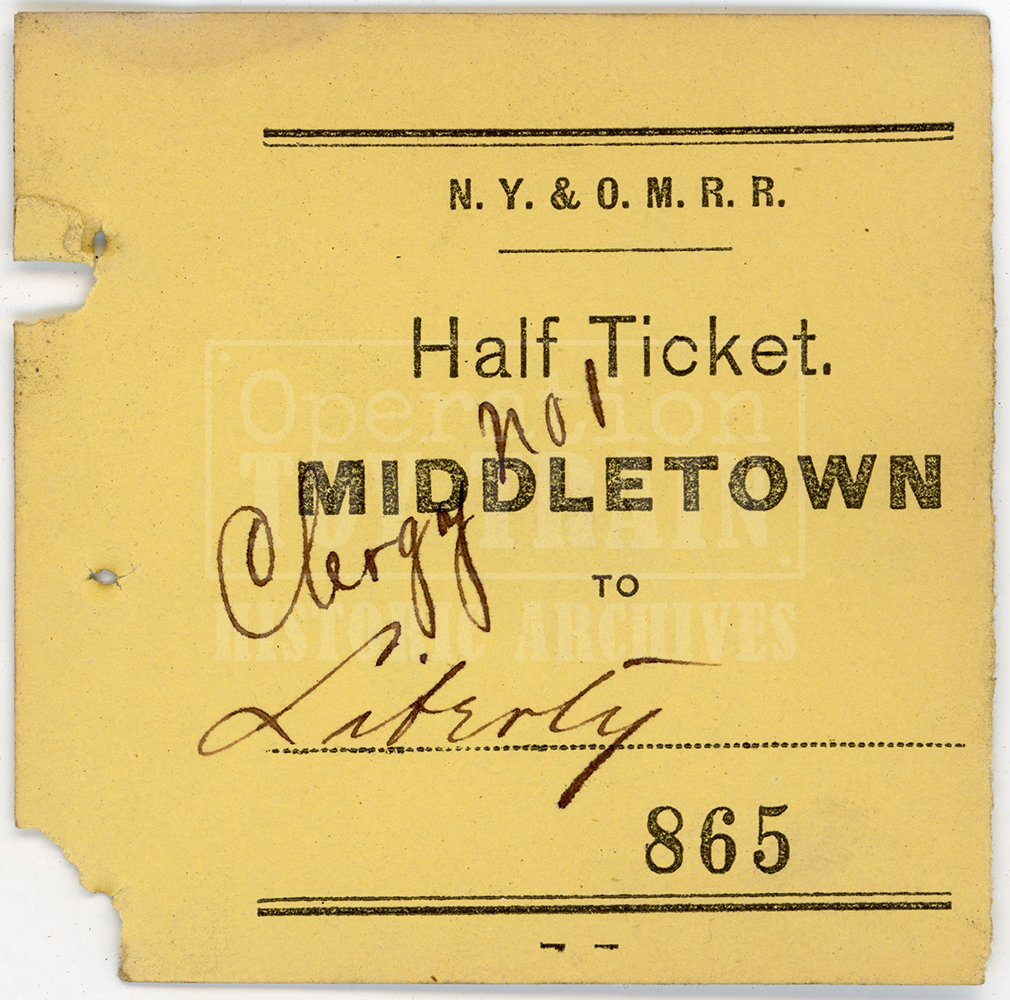 New York & Ontario Midland Railroad half ticket stub, Middletown, NY to